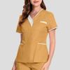 V-Neck Short Sleeve Hospital Nurse Tops Patchwork Color Pockets Buttons Neckline Tops Dental Surgery Tops Workwear