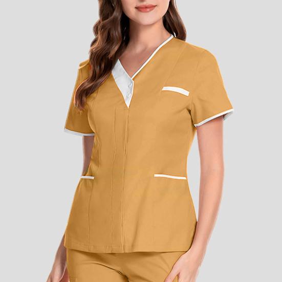 V-Neck Short Sleeve Hospital Nurse Tops Patchwork Color Pockets Buttons Neckline Tops Dental Surgery Tops Workwear