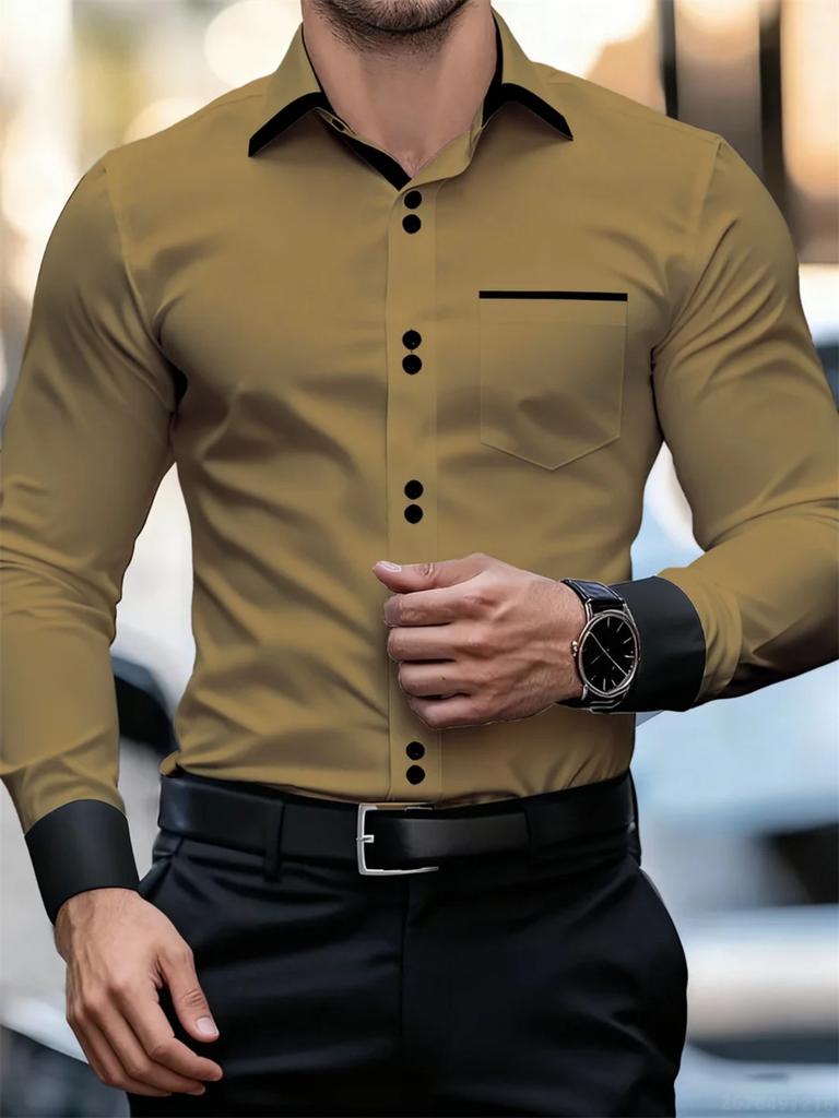 Men's Formal Long Sleeve Shirt, Slim Fit Contrast Detail, Perfect for Business Wear.