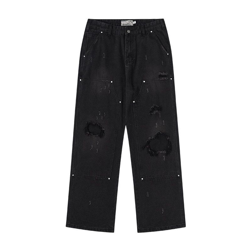 

He Luoluo Destroyed Straight Logging Trousers Washing Water Denim Washed Black 2XL