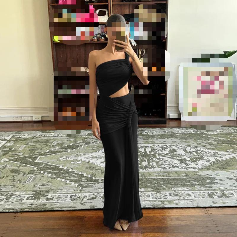 European and American summer sexy temperament single shoulder suspender slim pleated mesh dress for women