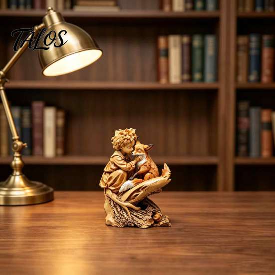 Handcrafted Wooden Statues Fairy Tale Little Boy and Fox Figurine, Rustic Desktop Statue, Artistic Carved Christmas Gift Ideas Sculpture Ornament for