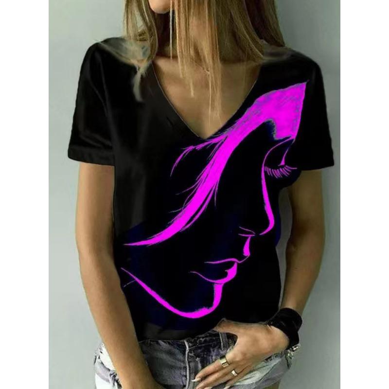 Summer V-neck 3D Simplified Avatar Printed Top Fashionable Casual Short Sleeved Women's T-shirts