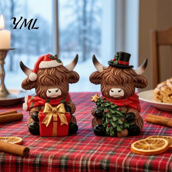 Cute Cattle Desk Ornaments Christmas Highland Cow Figurine, Resin Holiday Statue with Santa Hat & Holly Theme Decor Gift Box, Sitting Calf Desktop
