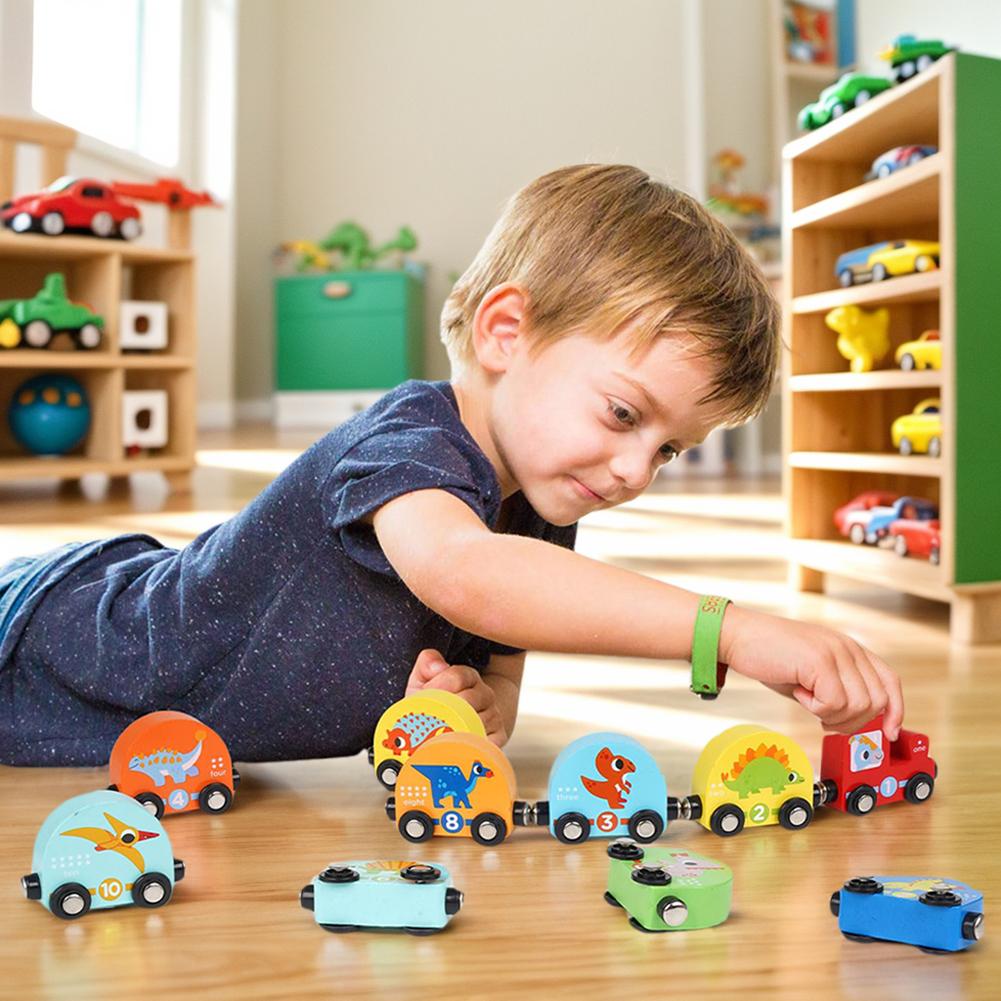 Magnetic Wooden Dinosaur Train Set Montessori Toys Montessori Preschool Educational Learning Toy Number Train Toys for Toddlers