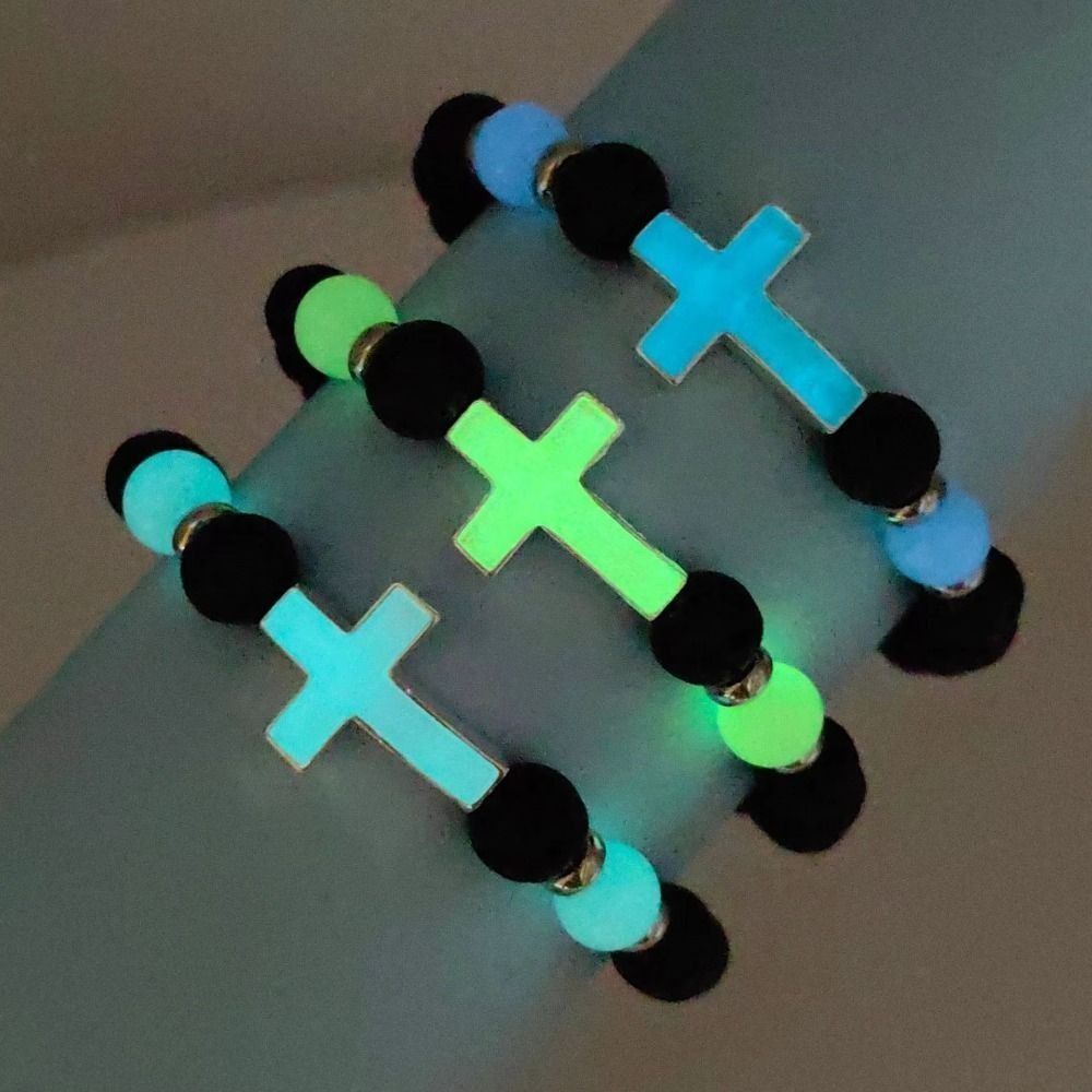 Luminous Volcano Stone Bead Bracelet Retro Cross Bangle Geometric Men’s Beaded Bracelet Party