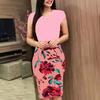 women's Color Block Floral Print Short Sleeve Bodycon Dress Round Neck Pencil Dress