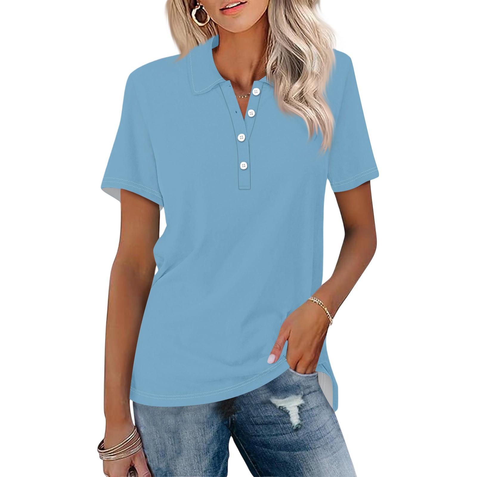 Women s Fashion Lapel Short Sleeve Color Printed Button Top M синий