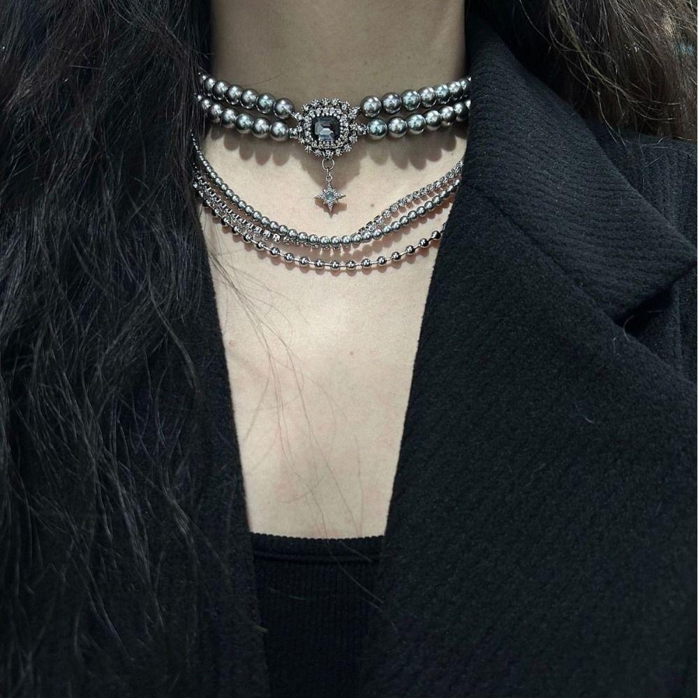 Stars Pendant Grey Pearl Long Tassel Necklace Multilayer Stacked Cross Clavicle Chain  Daily Wear