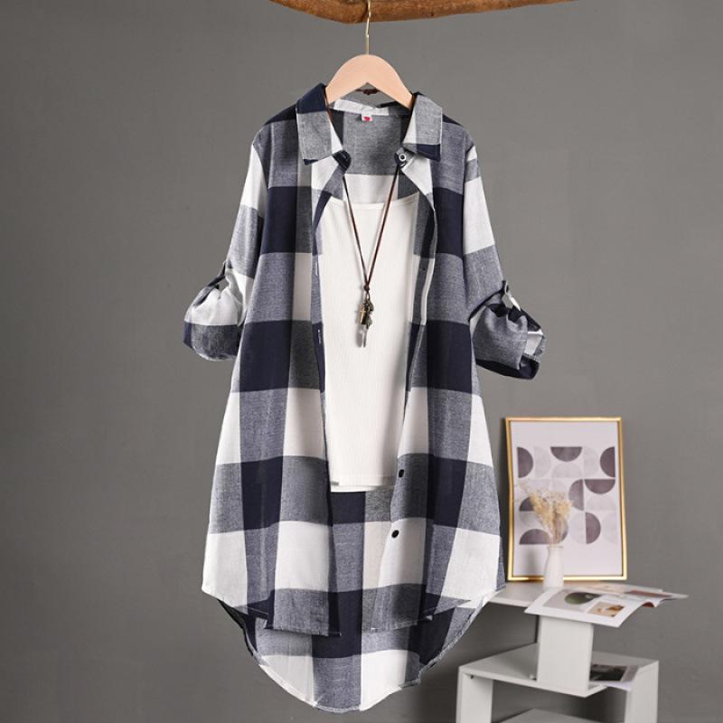 

Women s Cotton Linen Plaid Shirt Jacket: Long-Sleeve, Sun-Protective, Fashionable Medium-Length Top XL синий/белый