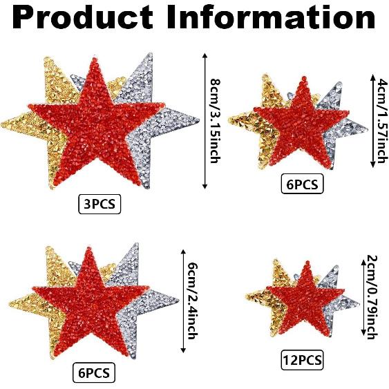 27 Pieces Rhinestone Star Patches for DIY, 4 Sizes Iron On Adhesive Glitter Star Appliques for Clothing Repair and Decoration (Gold, Silver, Red,