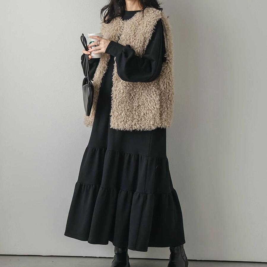 Autumn Women's Loose Mid-Length Patchwork Ruffled Hem Sweatshirt Dress Long Sleeve Knee-Length Dress