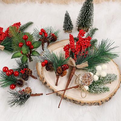 10pcs Mini Artificial Christmas Pine Cone Bell Pine Cone Artificial Pine Artificial Flower Holly Branch Pine Needles Xmas Decor