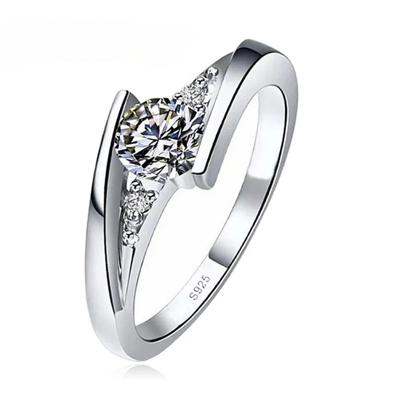 Female Round Zircon Stone Ring Vintage 925 Sterling Silver Color Wedding Jewelry Promise Crystal Engagement Bague for Women
