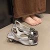 Rhinestone Camellia Elastic Sandals Open Toe 2025 Summer Empty New High Heels Skirt Super Soft
