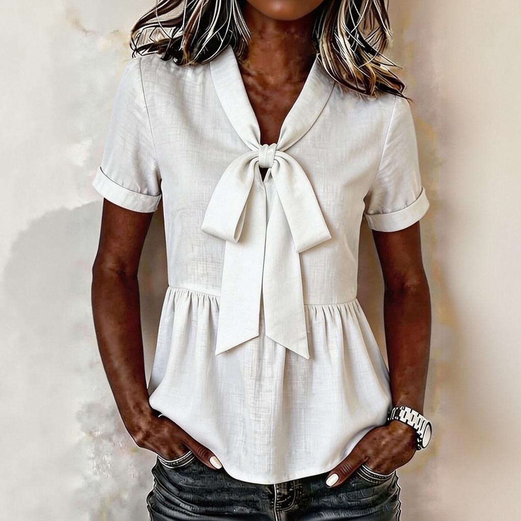 Women's Short Sleeve Blouse with Tie - Casual Loose Fit Color Front Shirt for Daily Wear