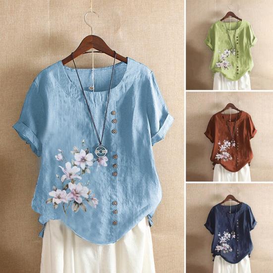 Women Summer T-shirt Round Neck Short Sleeve Flower Print Tee Shirt Buttons Decor Loose Fit Casual Tops Daily Wear