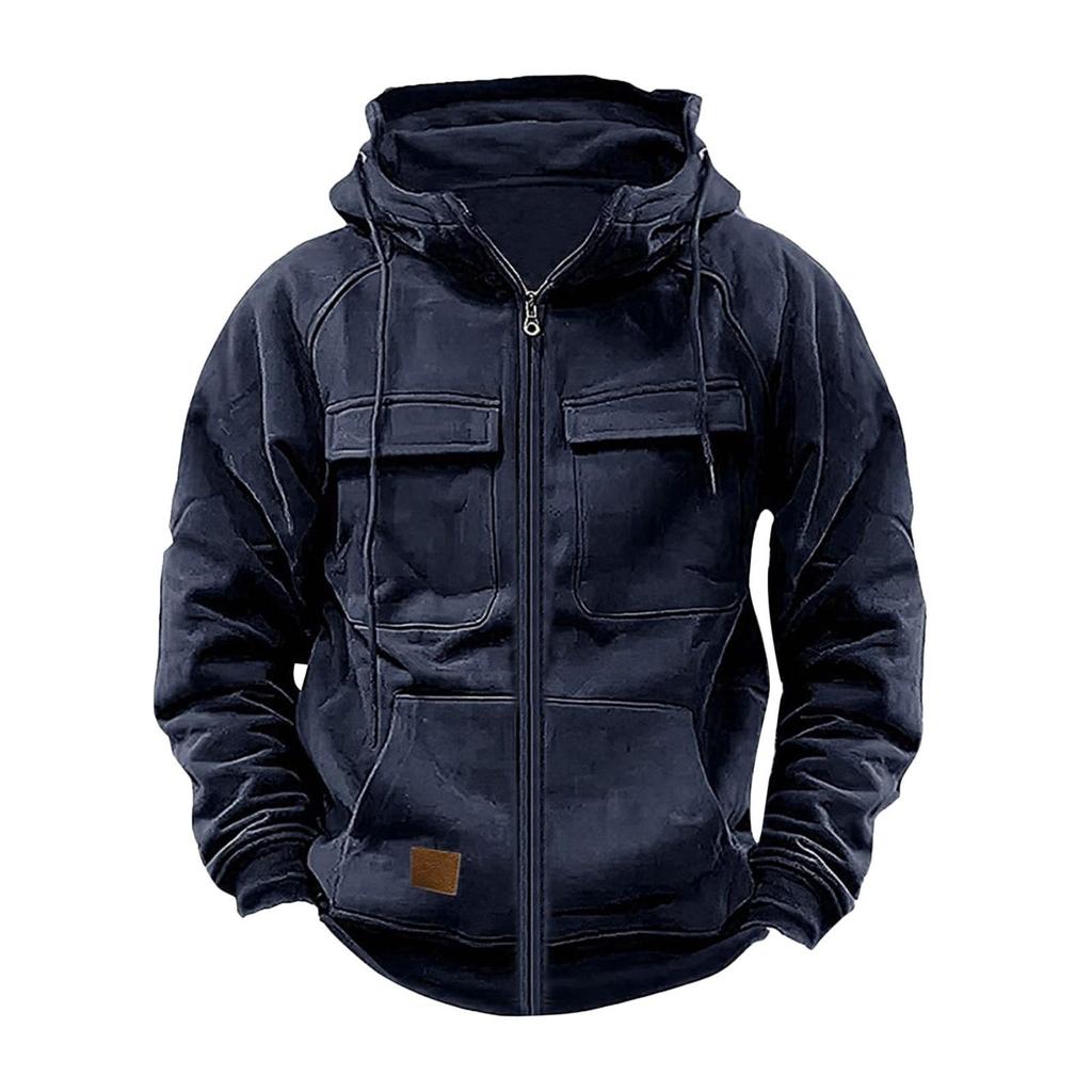 Men's Retro Leather Patch Hooded Sweatshirt - Solid Color, Cross-Border, Autumn/Winter Collection