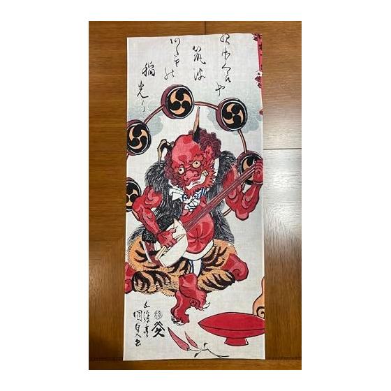 Kunisada Utagawa's "Raijin Playing Shamisen" Tenugui - 100% Cotton Japanese Hand Towel, Approx. 80x35cm, Made in Japan
