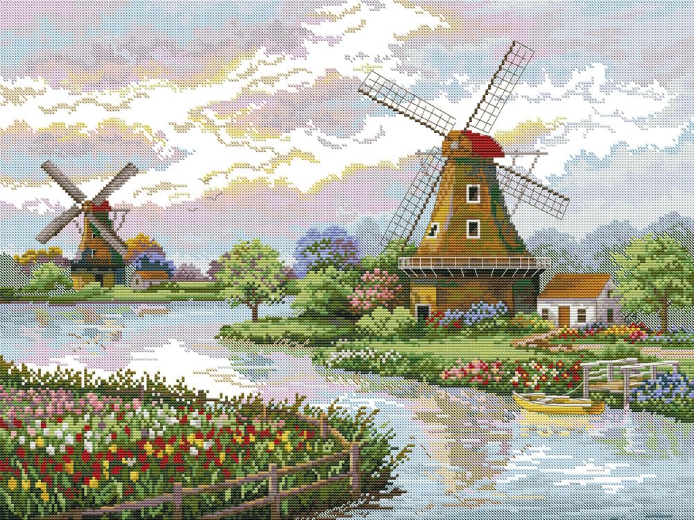Awesocrafts Cross Stitch Stamp Kit Dutch Windmill Easy Pattern Cross Stitch Embroidery Needlework Kit 14CT 2 Strands - - -