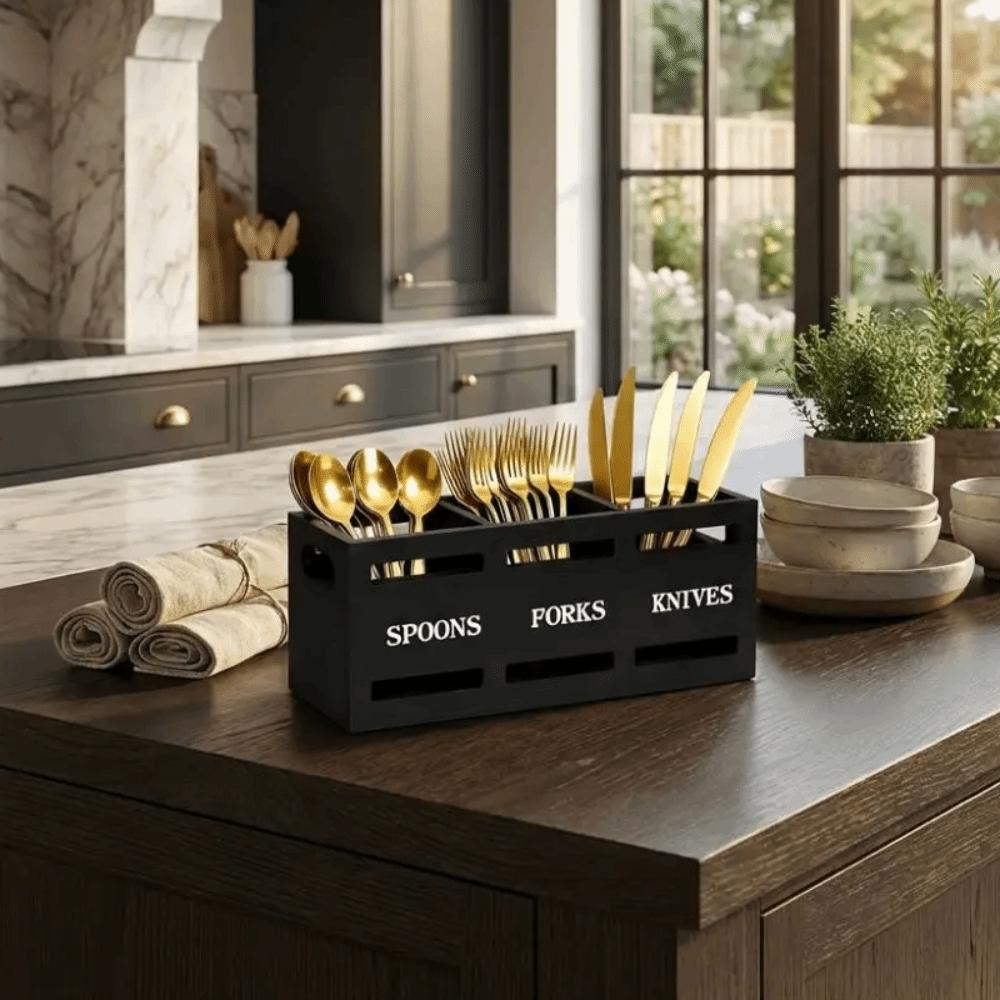 3 Compartment Wooden Rustic Cutlery Rack Rectangular Vintage Kitchen Utensil Holder With Hollow Handles Cutlery Storage Rack