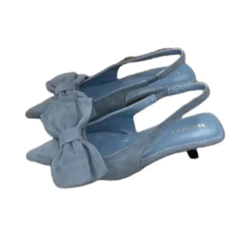 Bow Women Sandals Elegant Pointed Toe Mid Heeled Shoes Sexy Slingback Slippers 2026 Summer Pumps Fashion Luxury Sandalias Mujer