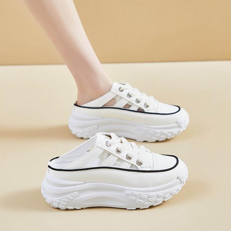 Fashion Woman Pu Leather Casual Half Slippers Platform Shoes Summer Trend Women Lace-up Designer Sandals Ladies Slides Sneakers De Mujer