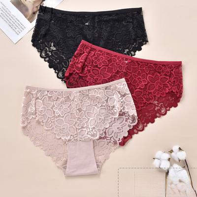 Sexy Oversized Women's Triangle Panties All Cotton Lining Lace Jacquard Underwear
