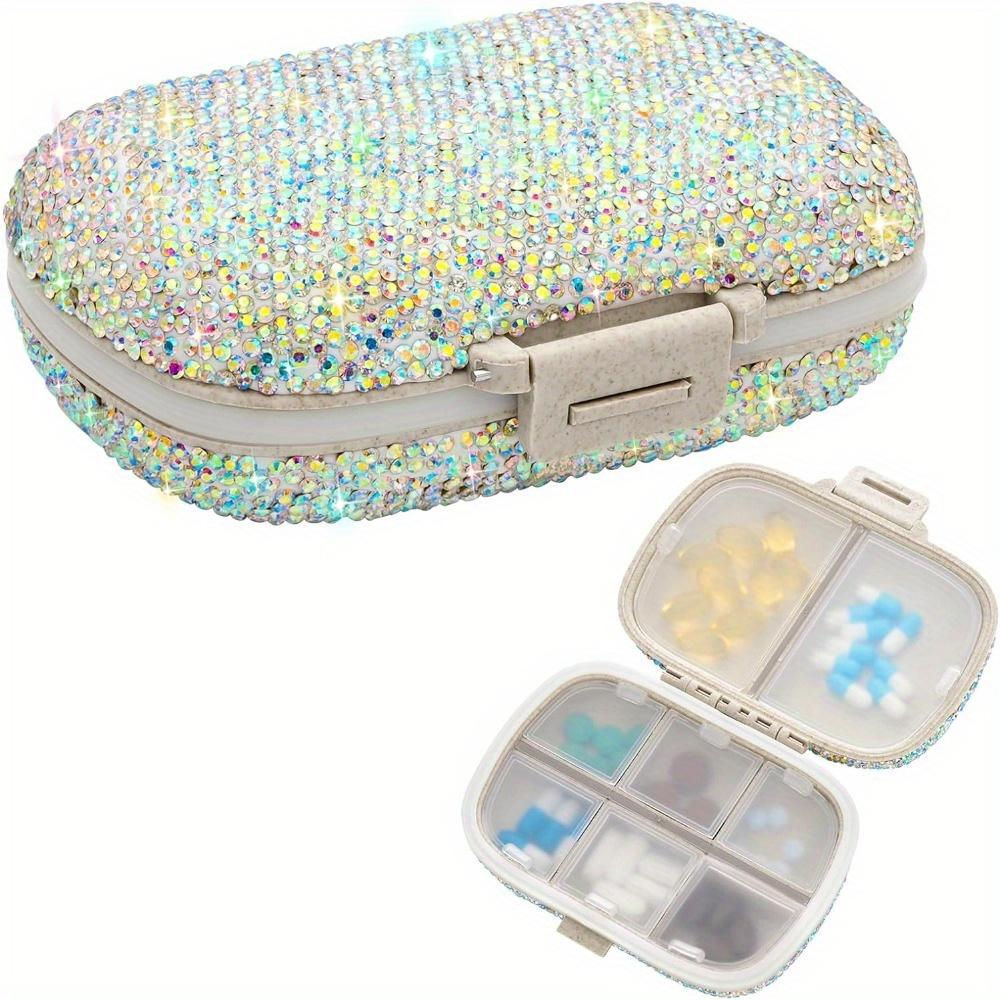 Bling Pill Organizer With 8 Compartments Travel Portable Pill Case Double Sided Rhinestone Pill Box For Vitamin Fashion Gifts