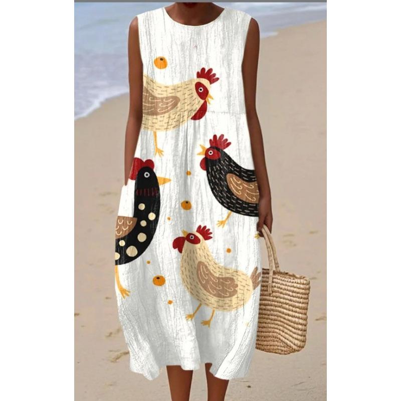 Summer new sleeveless pocket casual printing temperament long dress dress slim dress