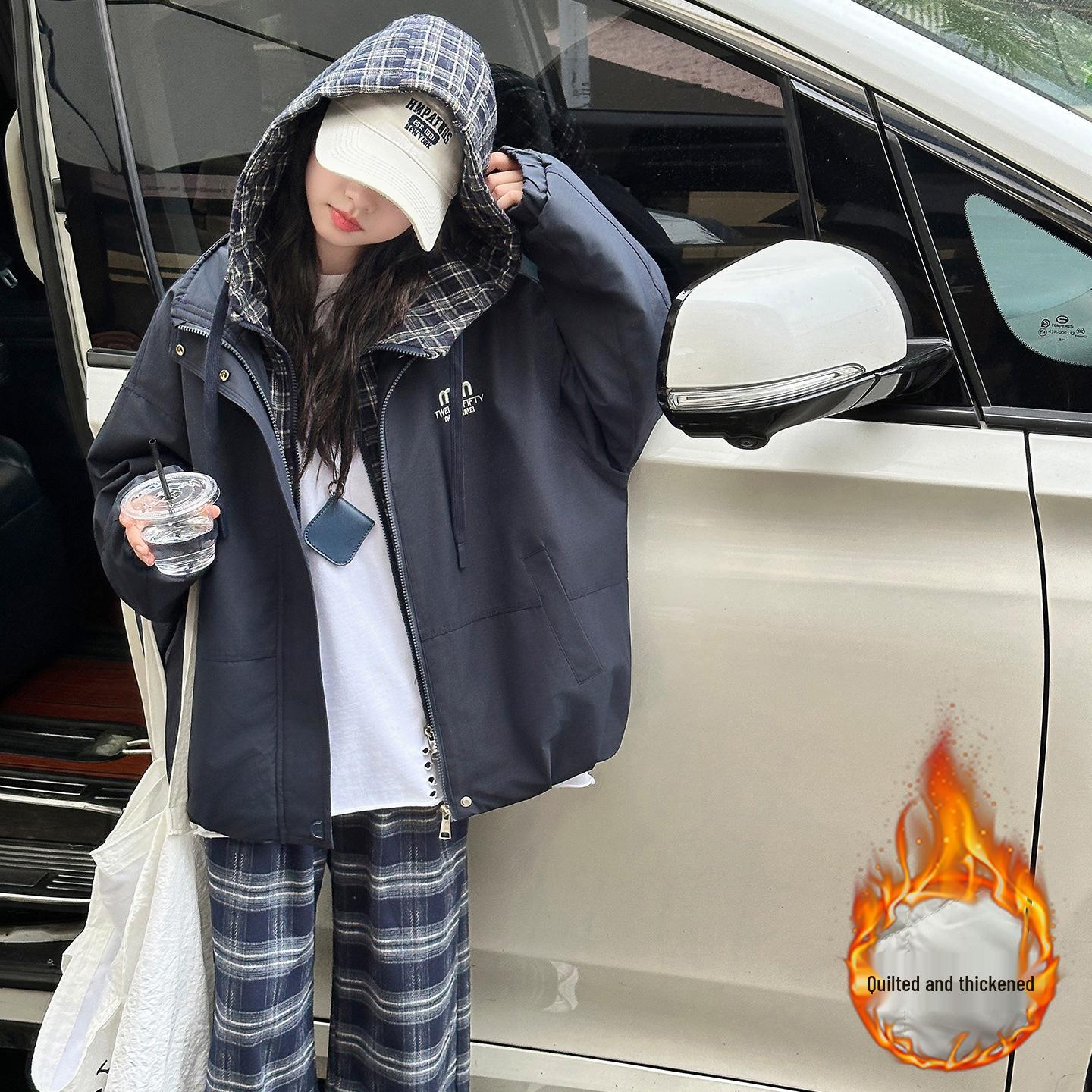 

Утепленная стеганая куртка для девочек - Осень/Зима 2025 Теплое хлопковое пальто для детей старшего возраста 150cm темно-синий