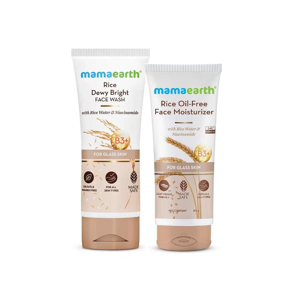 Mamaearth Koreanisches Glas Haut Combo | Reis Gesichtsreiniger (100 ml) + Feuchtigkeitscreme ohne Reisöl (80 g) | Spendet Feuchtigkeit, Hellt auf & gleicht den Hautton aus | Niacinamid