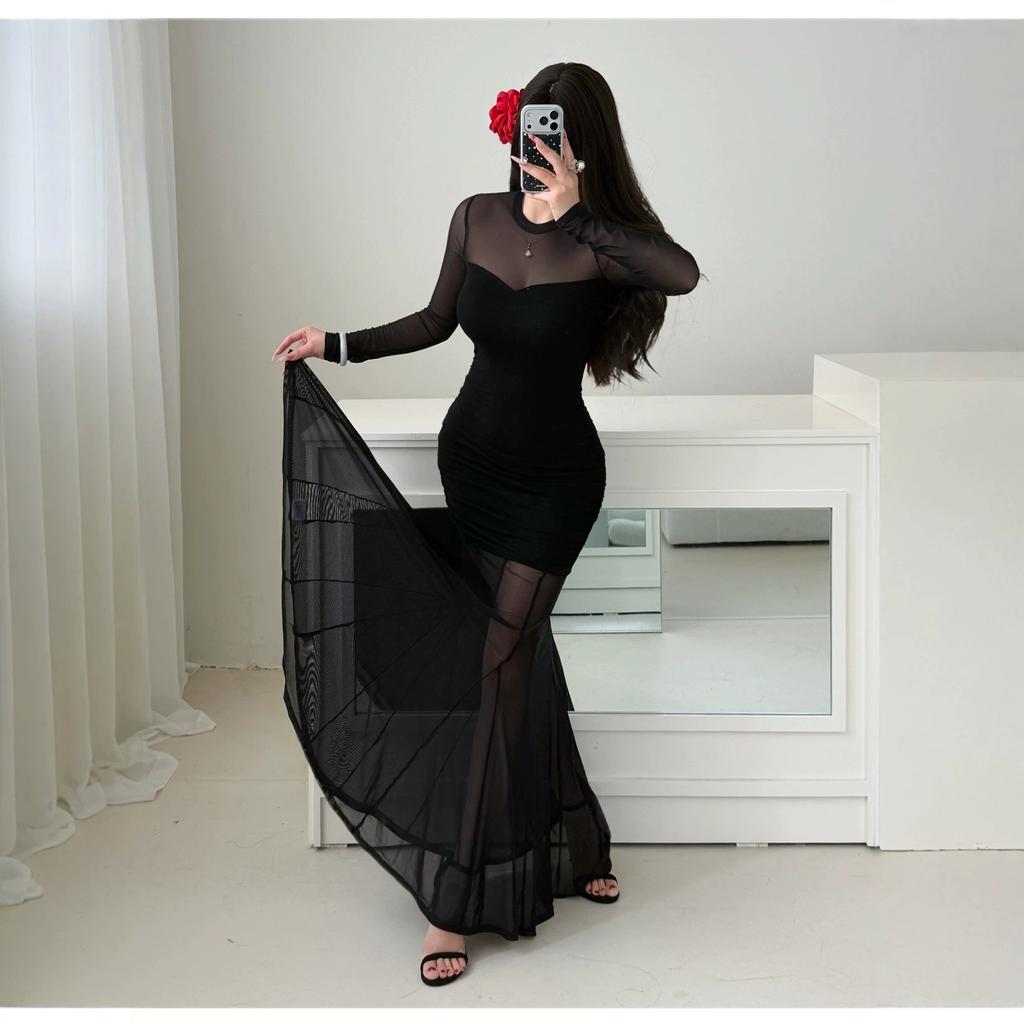French royal sister wind mesh long-sleeved dress, new inner elegant temperament, waist and thin, meat and buttocks long dress