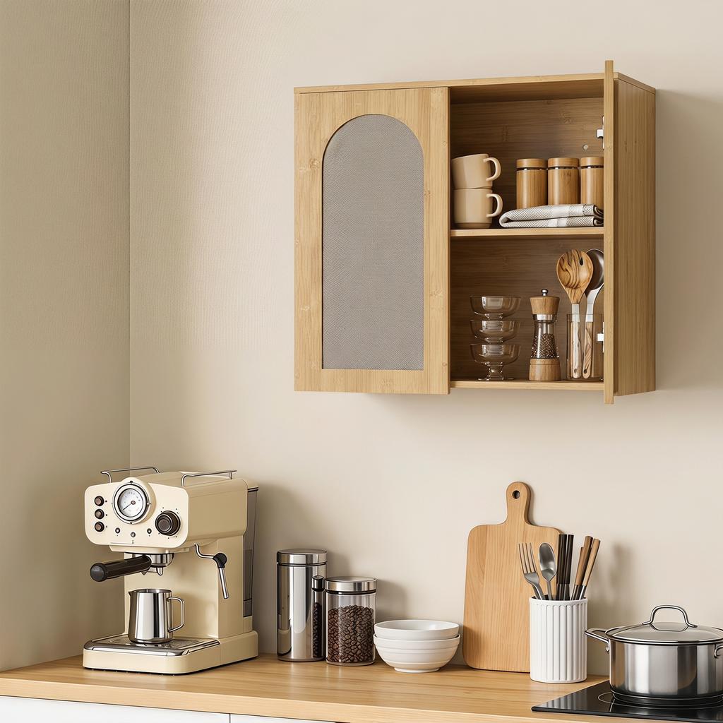 Bohemian Bathroom Wall Cabinet, 2 Soft-Close Rattan-Effect Doors, Adjustable Shelf, Oak