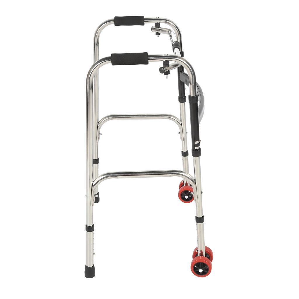 Elderly Folding Walker 6 Height Adjust 4 Legs Stainless Steel Walking Aid with Red Wheels Single Bend