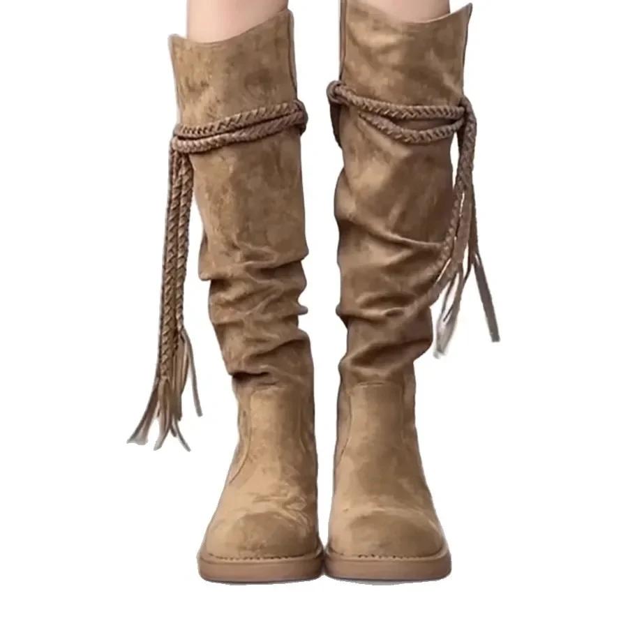 Tassel Knight Boots for Women 2026 Autumn New Collection Coarse Heel Over Knee Long Tube Boots Stacked Boots