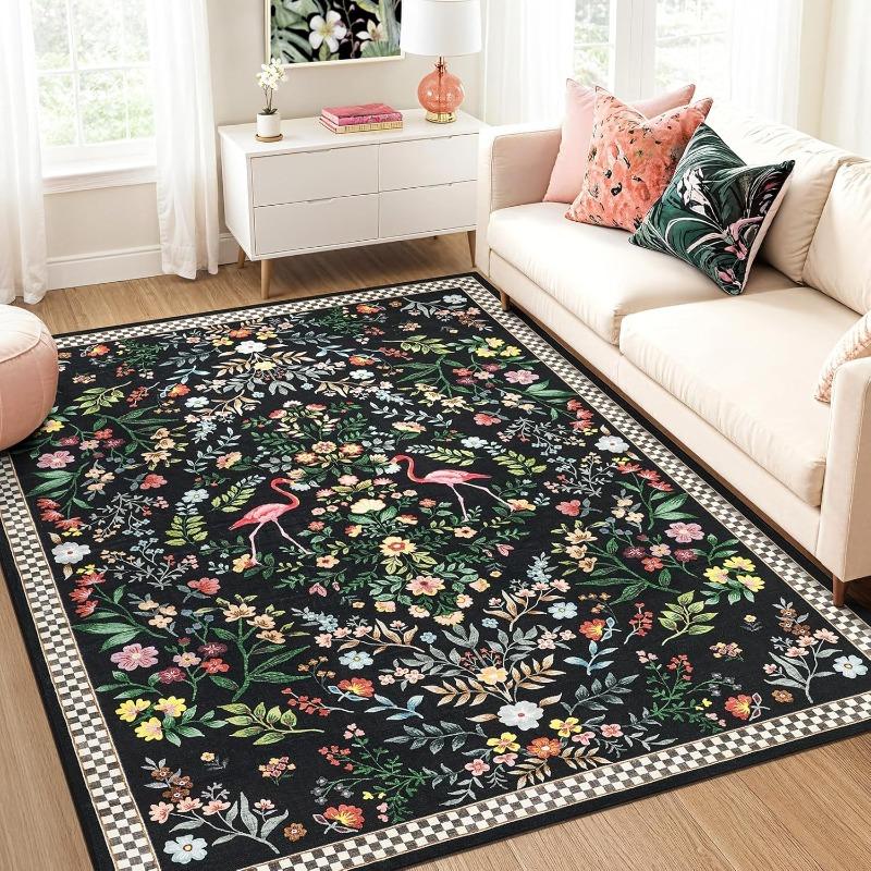 Floral Plaid Print Living Room Carpet Large Area Machine Washable Rugs Non Slip Backing Sofa Coffee Table Floor Mat Bedroom Rug