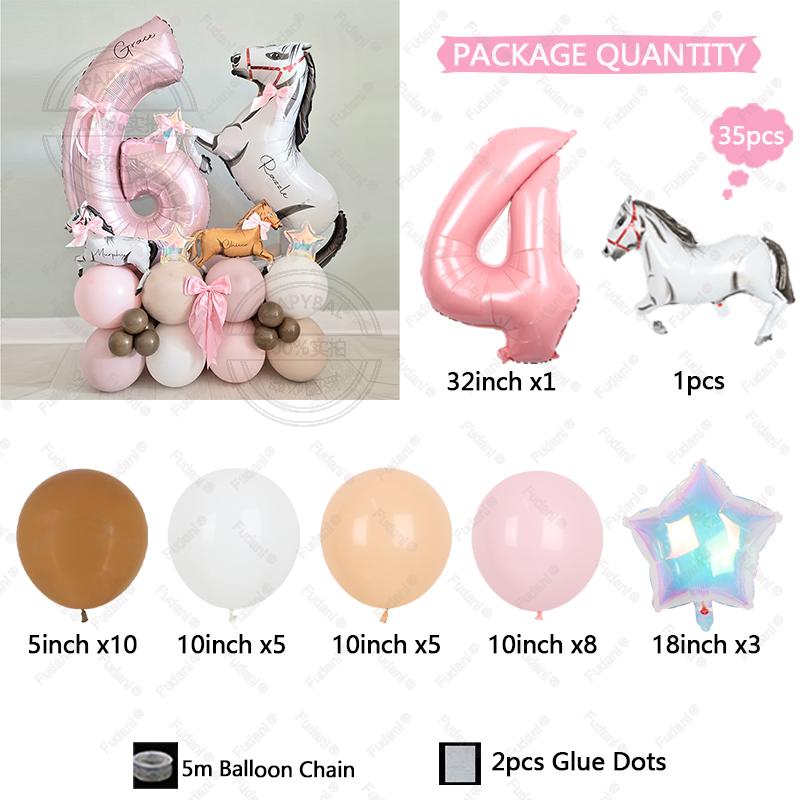 35pcs Horse Farm Party Themed Balloon Kit with 32inch Large Pink Number Baloons Western Cowgirl 1-9 Years Birthday Party Supplie