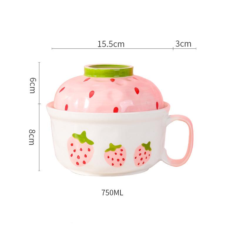 Kawaii Erdbeere Ramen Schüssel mit Deckel Keramik Niedlich Frucht Suppe Salat Instantnudeln Große Schüssel Heimküche Geschirr 700ml