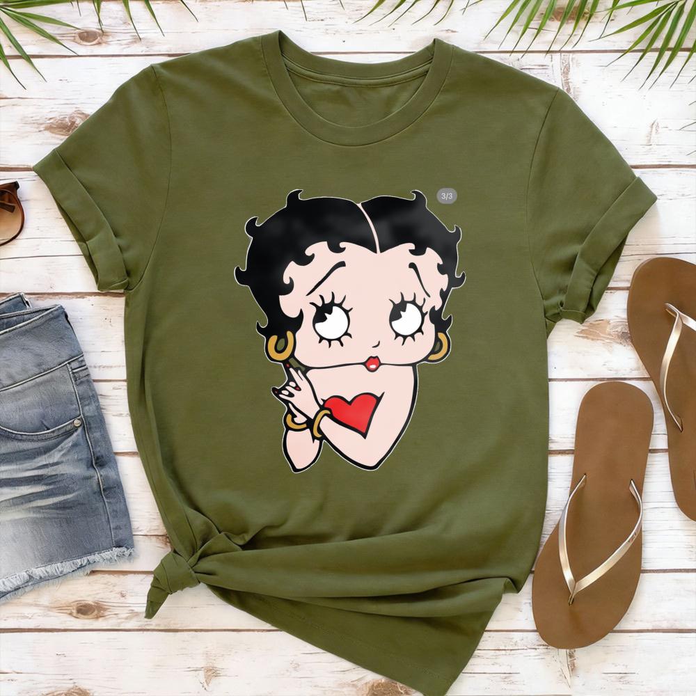 Betty Boop with Pudgy Dog Shirt Vintage Women Summer Cotton Short Sleeve Retro Cartoon Girl Graphic Printed Casual Daily Outfit