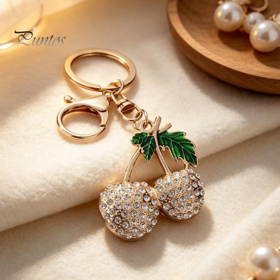 Decorative Cherry Keychain Double Rhinestone Keychain, Oil Dripping Green Leaf Fruit Compact Key Decor Car Ring, Accessories for Handbags Backpacks