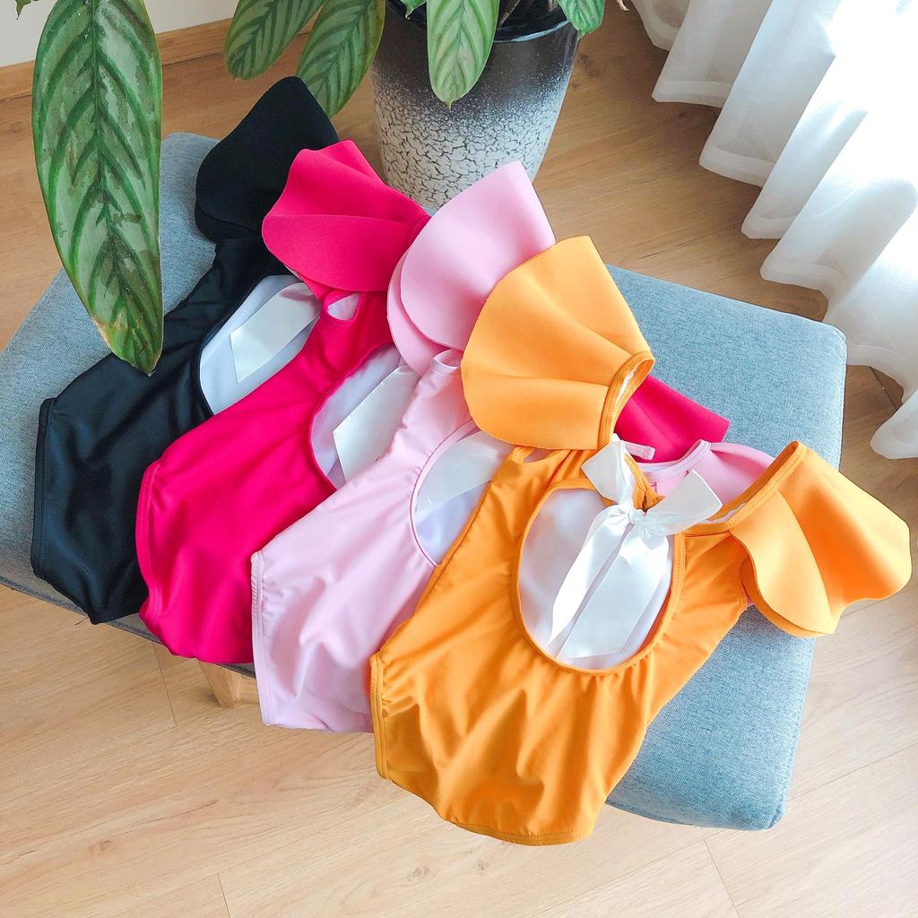 New Korean Style Girls' One-Piece Swimsuit with Ruffled Edges & Bow - Solid Color for Small to Medium Kids