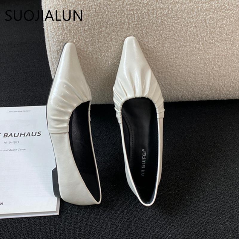 Fashion SUOJIALUN 2024 Spring New Women Flat Shoes Fashion Pleated Pointed Toe Ladies Ballerinas Shoes Flat Heel Shallow Slip On Ballet