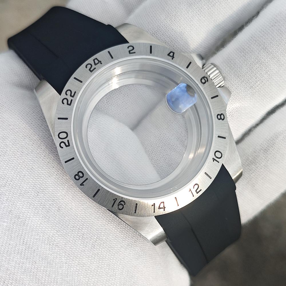 39mm Old EXP 24 Hour GMT Steel Bezel Watch Case for NH34 NH35 NH36 Sapphire Glass Explorer Case Accessories Silicone Strap