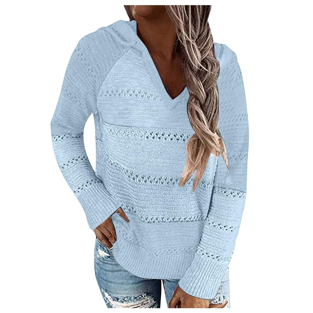 Fashion Women Casual Solid V-Neck Long Sleeves Hooded Sweater Blouse Tops