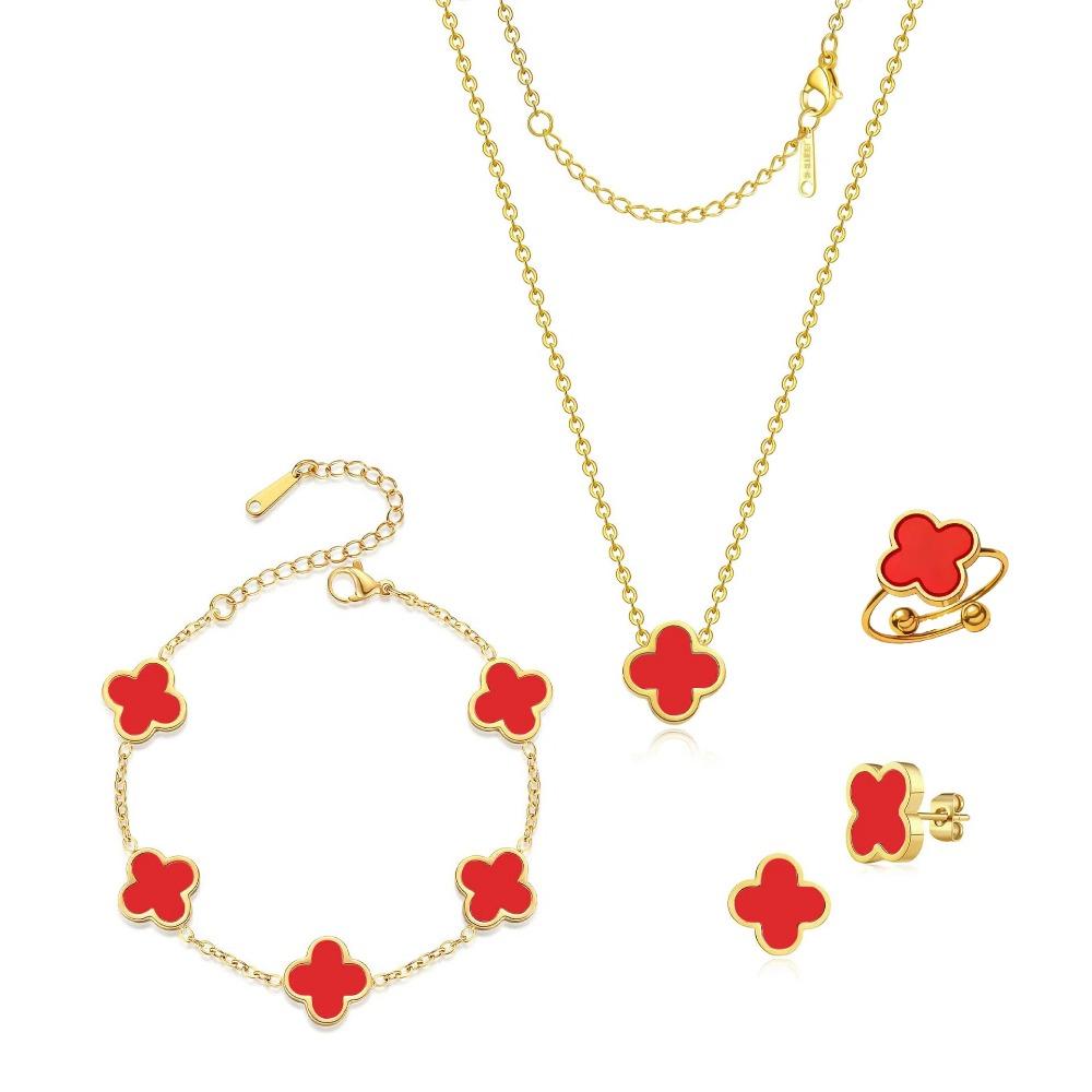 Ensemble Collier Boucles d'Oreilles Bague et Bracelet Trèfle à Quatre Feuilles Double Face Nacre 13mm Acier Titane