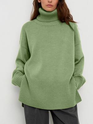 Turtleneck Autumn Winter Sweater Women Warm Basic Knitted Split Pullover Loose Casual Female Jumper Long Sleeve Sweater Lady Pullovers Outwear