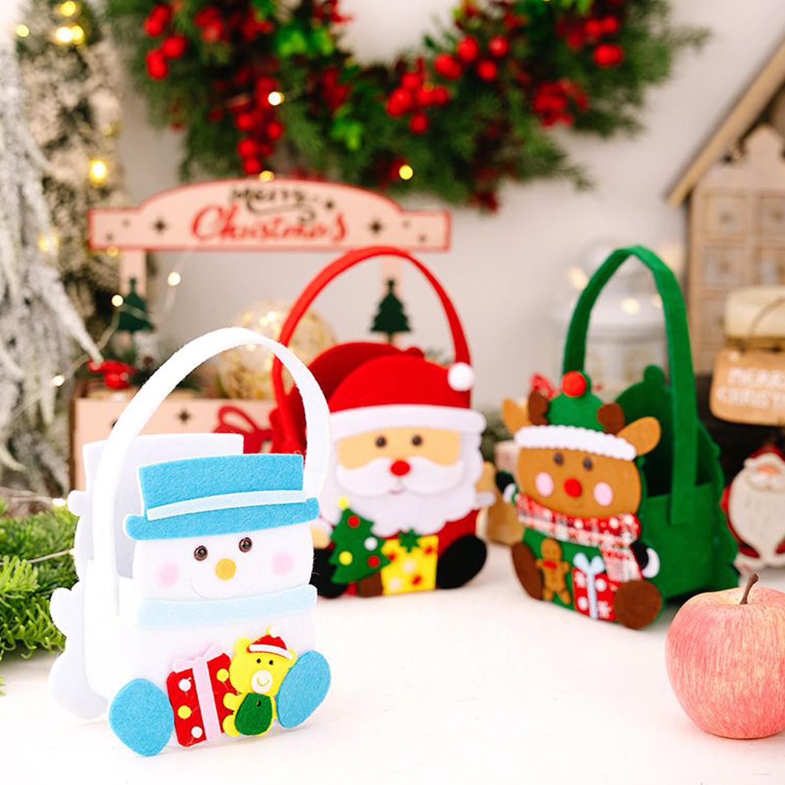 Christmas Bags 3 Pieces Christmas Packaging Bags With Handle Reusable Holiday-Themed Fabric Bags For Candy Cookie Popcorn 15x13cm