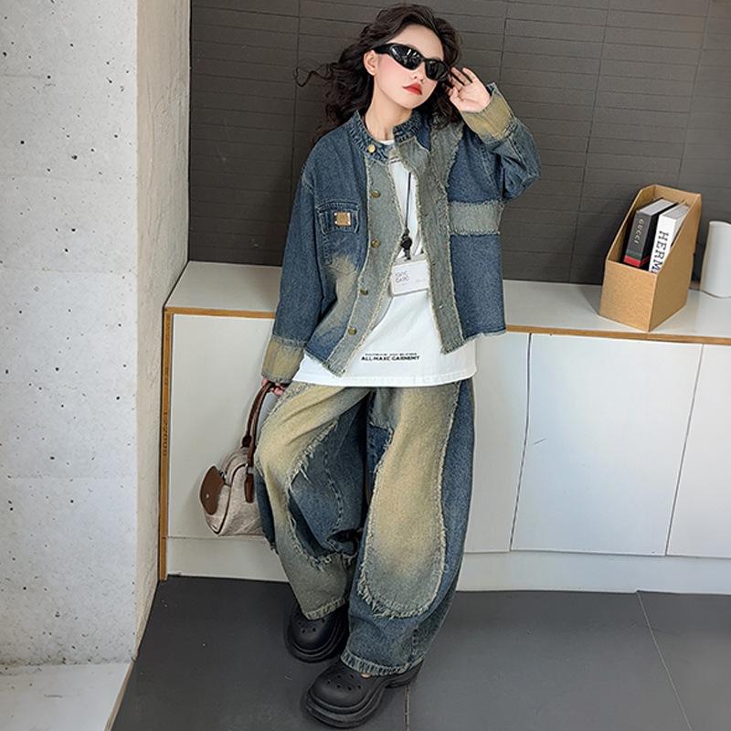 2025 Girls' Autumn Streetwear Outfit: Distressed Denim Jacket & Scimitar Pants Set