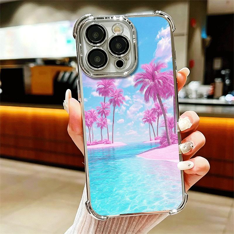 

Pink Sunset Beach Dreamy Scenery Plating Phone Case For Iphone 16 17 Pro Max Air 16E 14 15 Plus 12 13 Mini Anti-Fall Airabag Cov iPhone 12 Pro